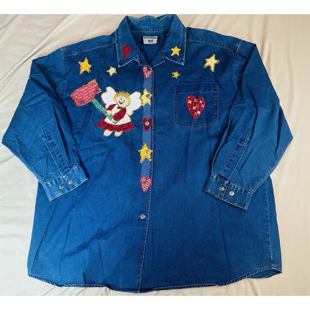 Vintage Lee Denim Chambray Angel, Hearts, And Stars Button Up Shirt Size 2X